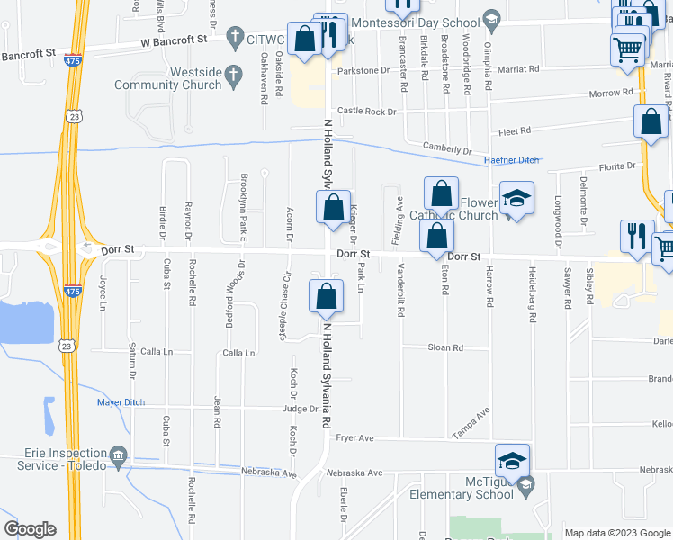 map of restaurants, bars, coffee shops, grocery stores, and more near 1212 North Holland Sylvania Road in Toledo