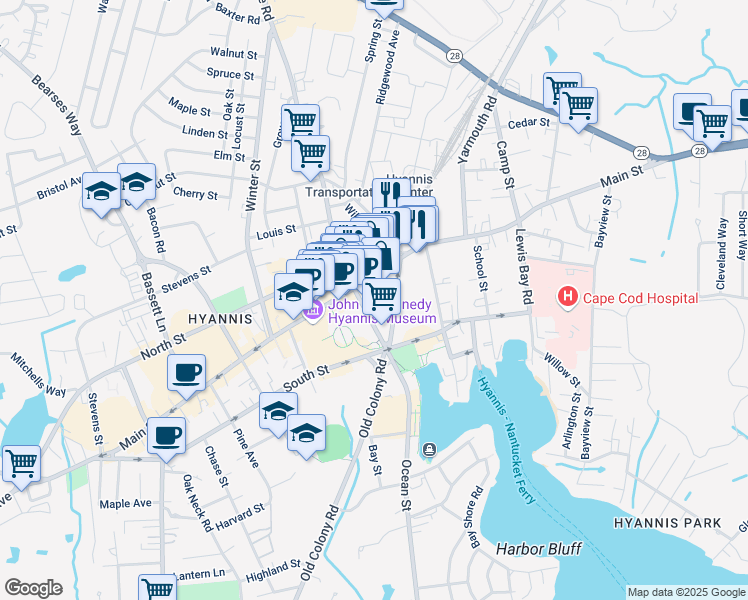 map of restaurants, bars, coffee shops, grocery stores, and more near 307 Main Street in Barnstable