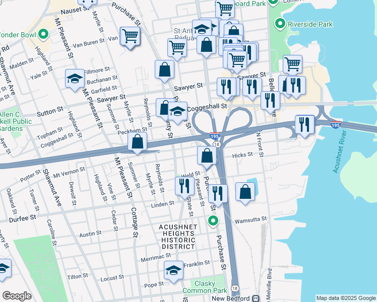 map of restaurants, bars, coffee shops, grocery stores, and more near 2031 Purchase Street in New Bedford