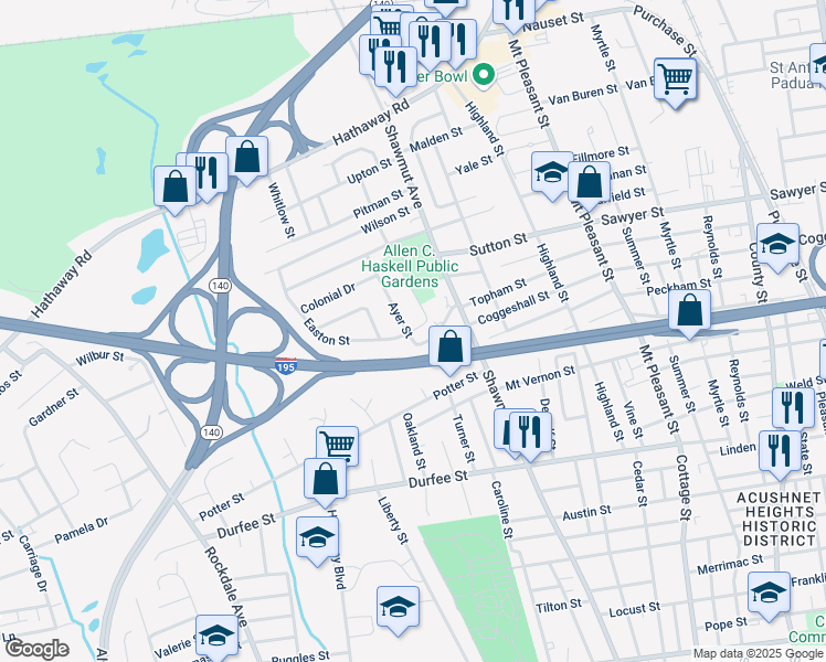 map of restaurants, bars, coffee shops, grocery stores, and more near 9 Shirley Street in New Bedford