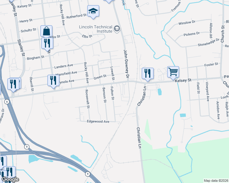 map of restaurants, bars, coffee shops, grocery stores, and more near 549 South Street in New Britain