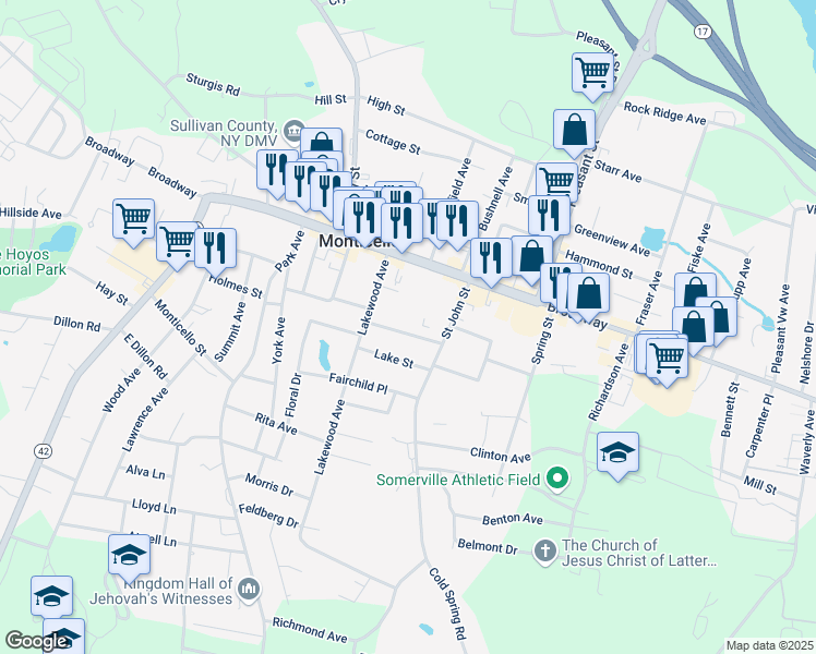 map of restaurants, bars, coffee shops, grocery stores, and more near 27 Lakewood Avenue in Monticello