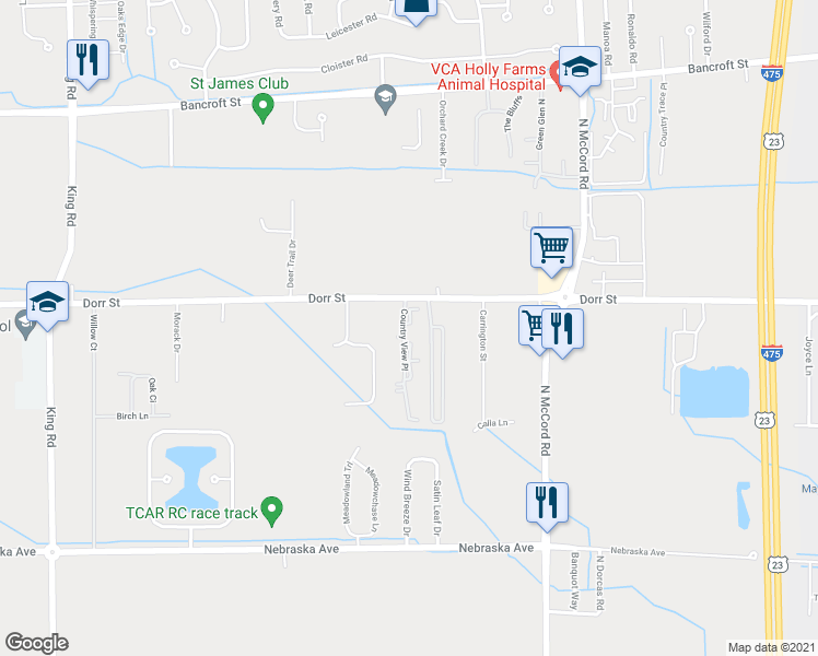 map of restaurants, bars, coffee shops, grocery stores, and more near 1210 Country View Place in Toledo