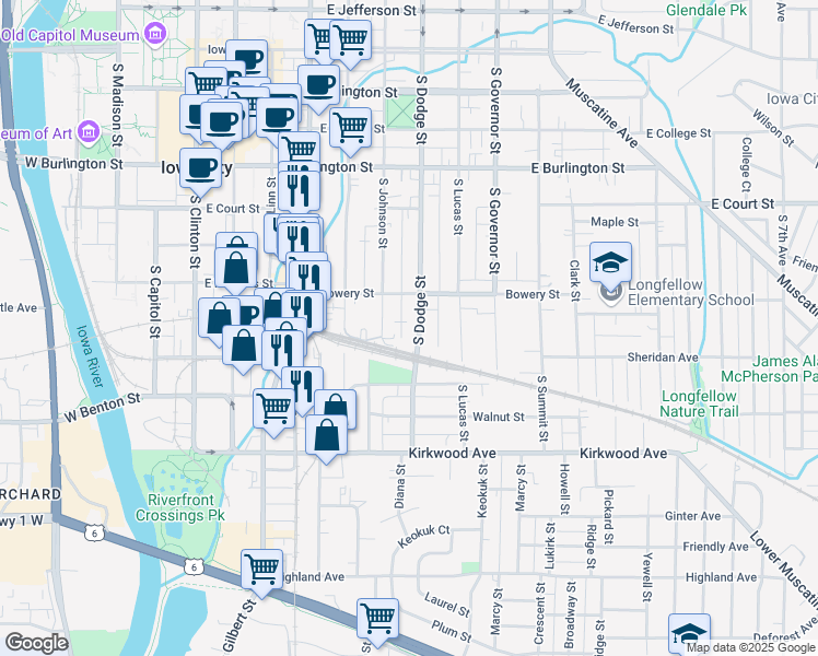 map of restaurants, bars, coffee shops, grocery stores, and more near 612 South Johnson Street in Iowa City