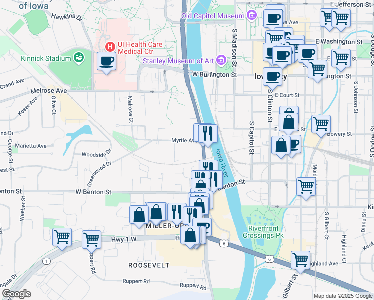 map of restaurants, bars, coffee shops, grocery stores, and more near 209 Myrtle Avenue in Iowa City