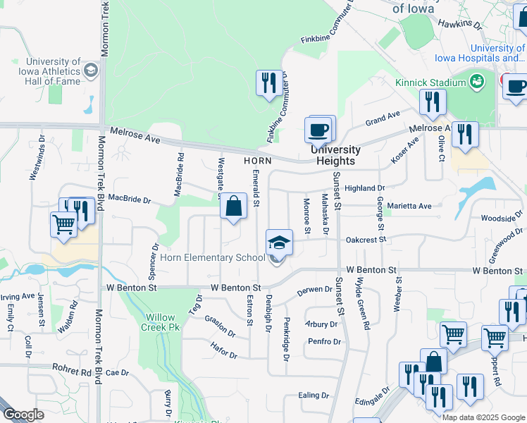 map of restaurants, bars, coffee shops, grocery stores, and more near 355 Koser Avenue in Iowa City
