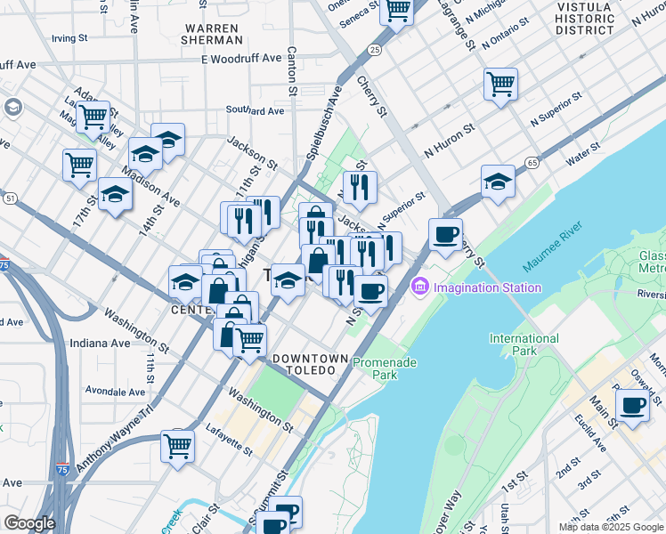 map of restaurants, bars, coffee shops, grocery stores, and more near 619 Adams Street in Toledo