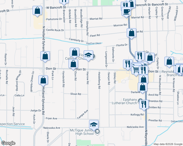 map of restaurants, bars, coffee shops, grocery stores, and more near 5585 Dorr Street in Toledo