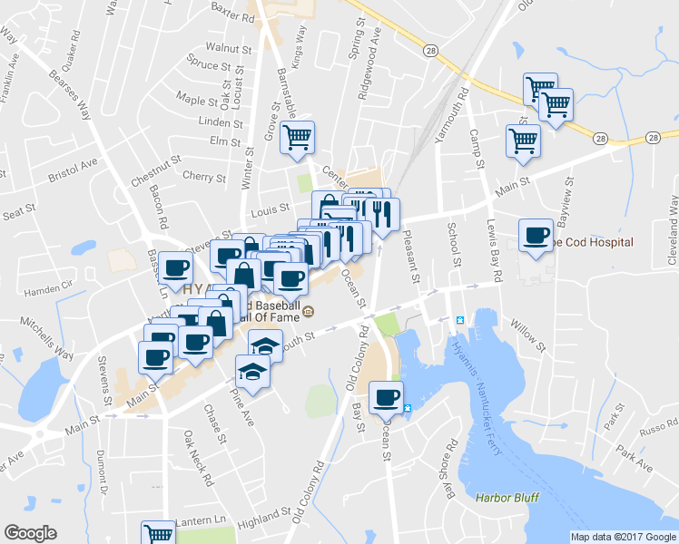 map of restaurants, bars, coffee shops, grocery stores, and more near 337 Main Street in Barnstable