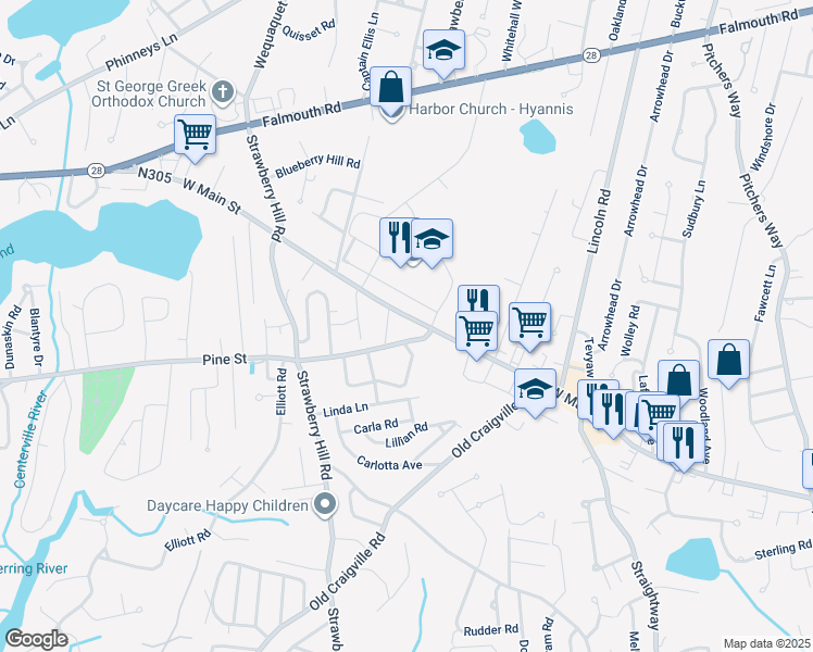 map of restaurants, bars, coffee shops, grocery stores, and more near 725 West Main Street in Barnstable