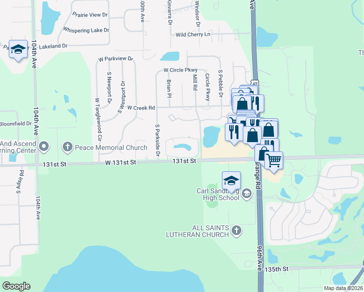 map of restaurants, bars, coffee shops, grocery stores, and more near 9841 Terrace Drive in Palos Park