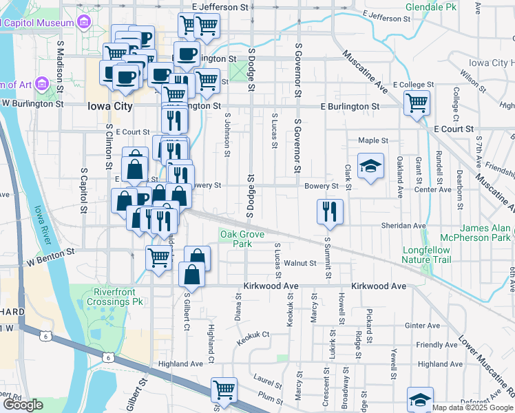 map of restaurants, bars, coffee shops, grocery stores, and more near 626 South Dodge Street in Iowa City
