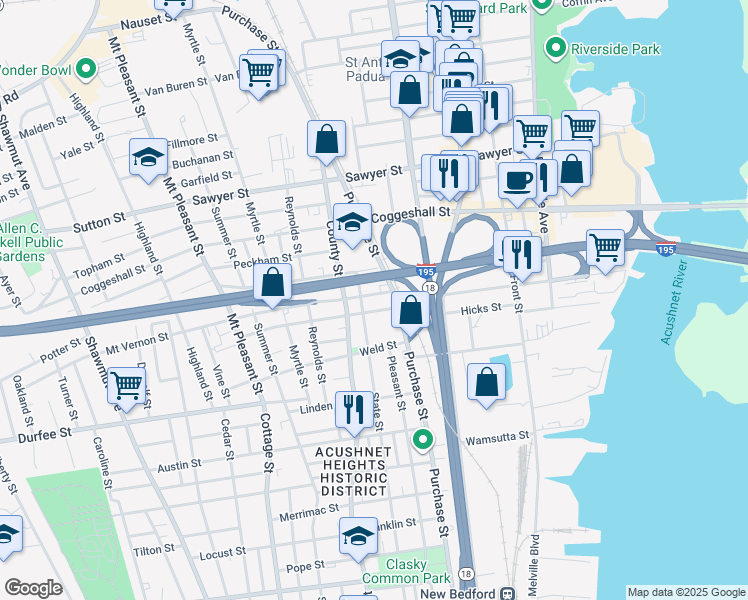 map of restaurants, bars, coffee shops, grocery stores, and more near 2031 Purchase Street in New Bedford