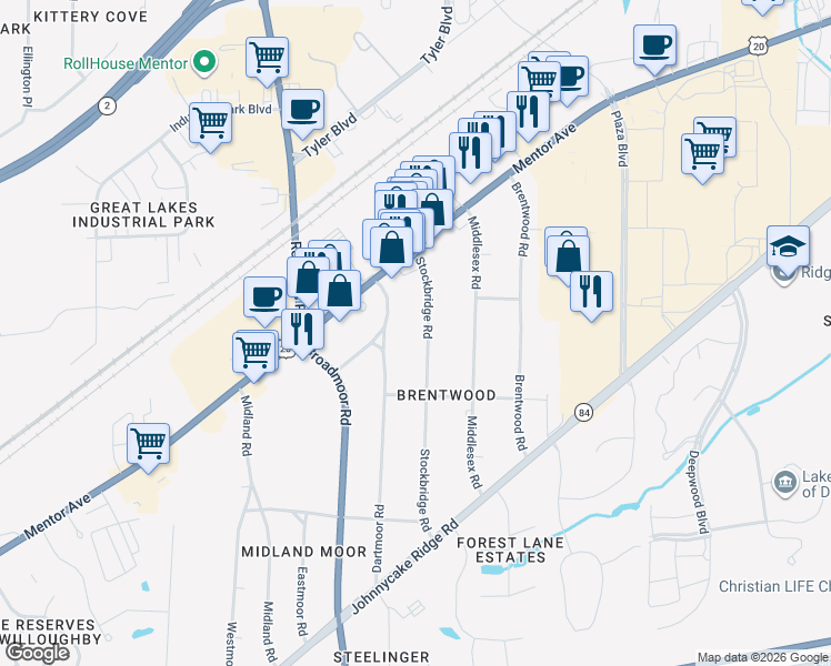 map of restaurants, bars, coffee shops, grocery stores, and more near 7983 Stockbridge Road in Mentor