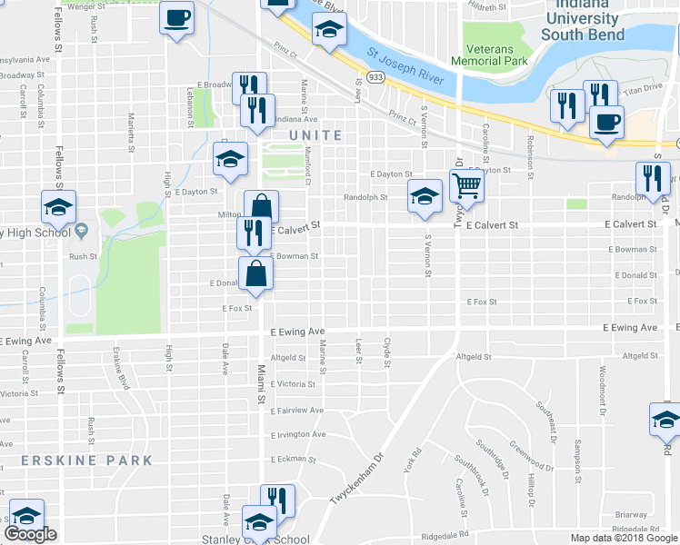map of restaurants, bars, coffee shops, grocery stores, and more near 1217 East Donald Street in South Bend