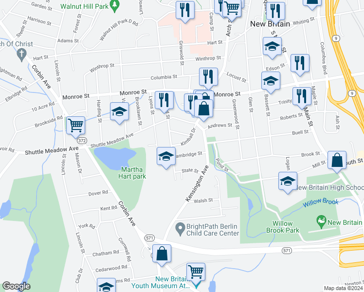 map of restaurants, bars, coffee shops, grocery stores, and more near 66 Kimball Drive in New Britain