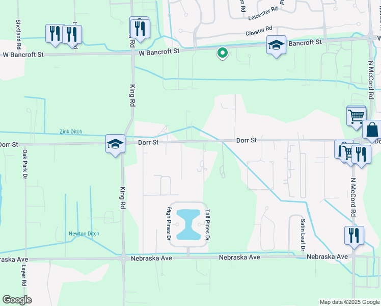 map of restaurants, bars, coffee shops, grocery stores, and more near 7351 Dorr Street in Toledo