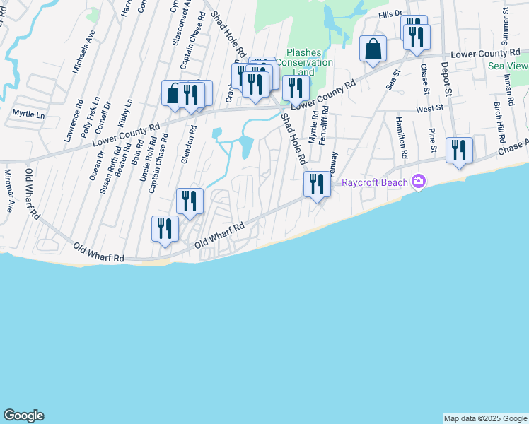 map of restaurants, bars, coffee shops, grocery stores, and more near 258 Old Wharf Road in Dennis