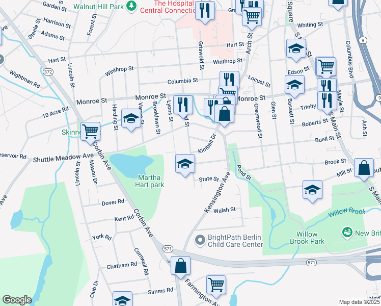 map of restaurants, bars, coffee shops, grocery stores, and more near Linwood Street & Kimball Drive in New Britain