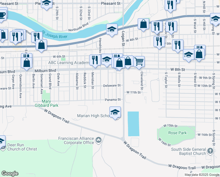 map of restaurants, bars, coffee shops, grocery stores, and more near 908 Jackson Street in Mishawaka