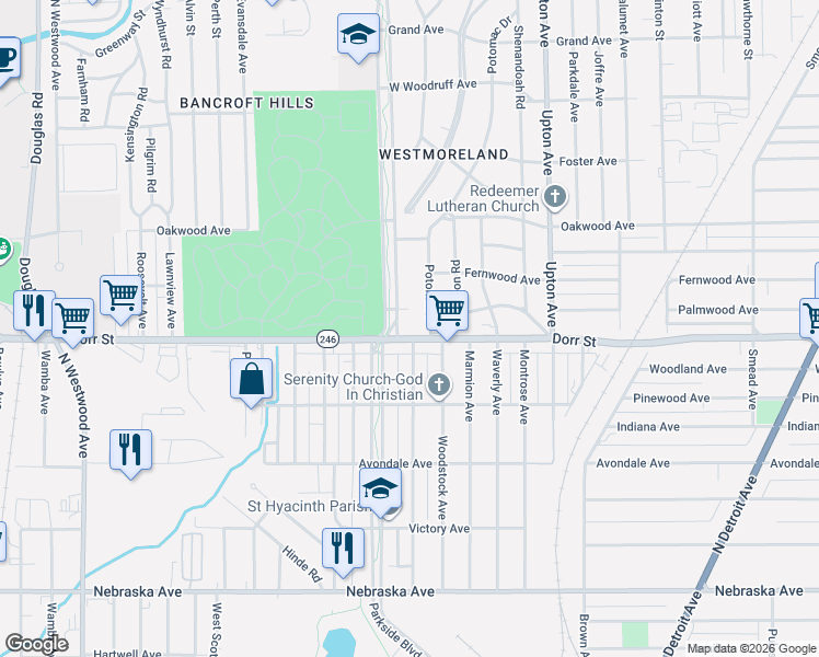 map of restaurants, bars, coffee shops, grocery stores, and more near 1302 Parkside Blvd in Toledo
