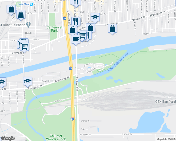 map of restaurants, bars, coffee shops, grocery stores, and more near 1516 Broadway Street in Blue Island