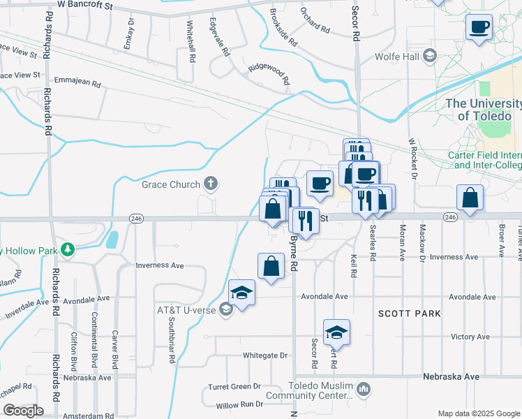 map of restaurants, bars, coffee shops, grocery stores, and more near 3560 Dorr Street in Toledo