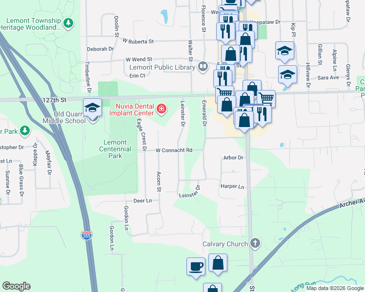 map of restaurants, bars, coffee shops, grocery stores, and more near 1223 Leinster Drive in Lemont