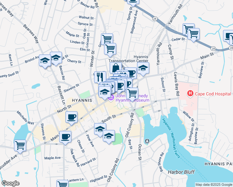 map of restaurants, bars, coffee shops, grocery stores, and more near 45 Barnstable Road in Barnstable