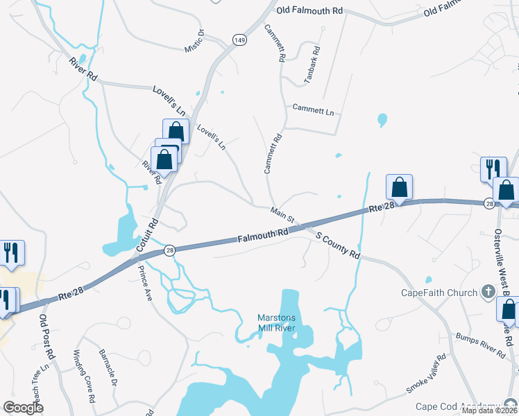 map of restaurants, bars, coffee shops, grocery stores, and more near 2000 Main Street in Barnstable