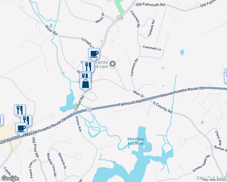 map of restaurants, bars, coffee shops, grocery stores, and more near 2095 Main Street in Barnstable