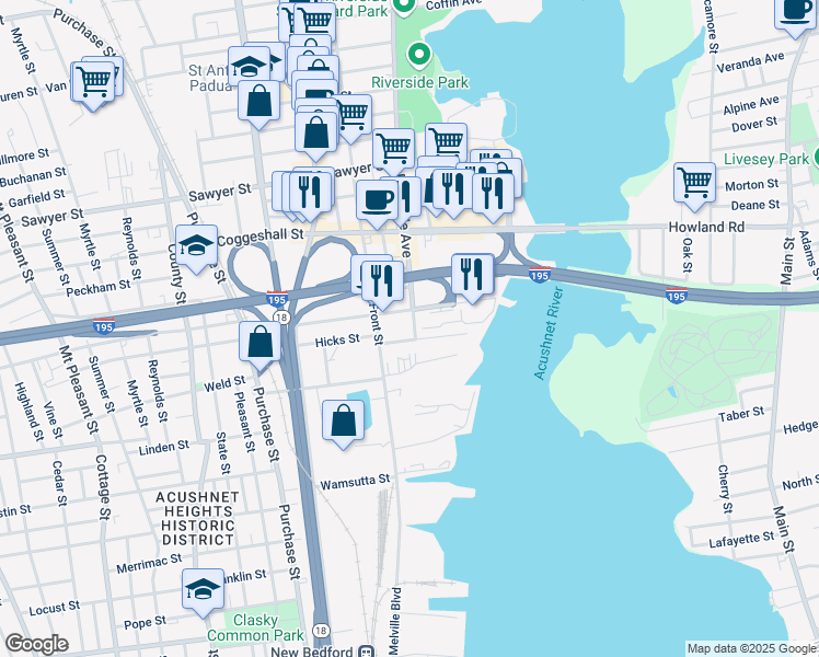map of restaurants, bars, coffee shops, grocery stores, and more near 8 Washburn Street in New Bedford