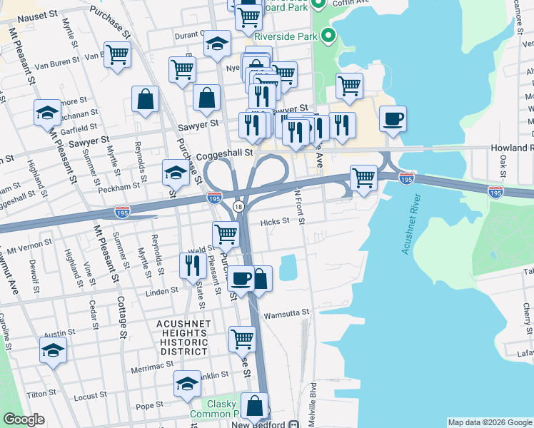 map of restaurants, bars, coffee shops, grocery stores, and more near 65 Washburn Street in New Bedford