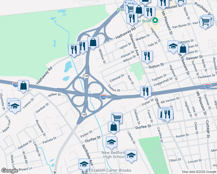 map of restaurants, bars, coffee shops, grocery stores, and more near 109 Easton Street in New Bedford