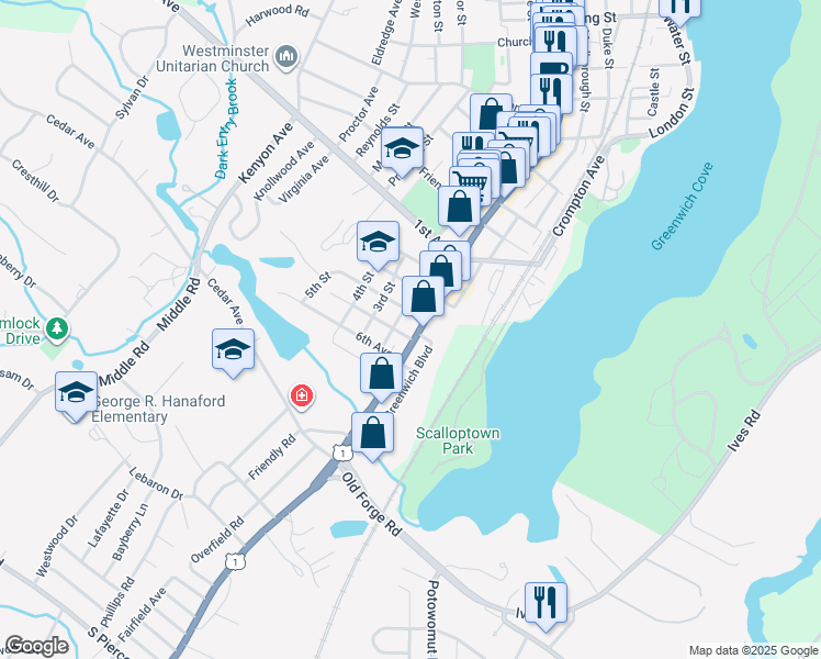 map of restaurants, bars, coffee shops, grocery stores, and more near 845 Main Street in East Greenwich