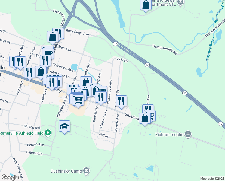 map of restaurants, bars, coffee shops, grocery stores, and more near 24 Pleasantview Avenue in Monticello