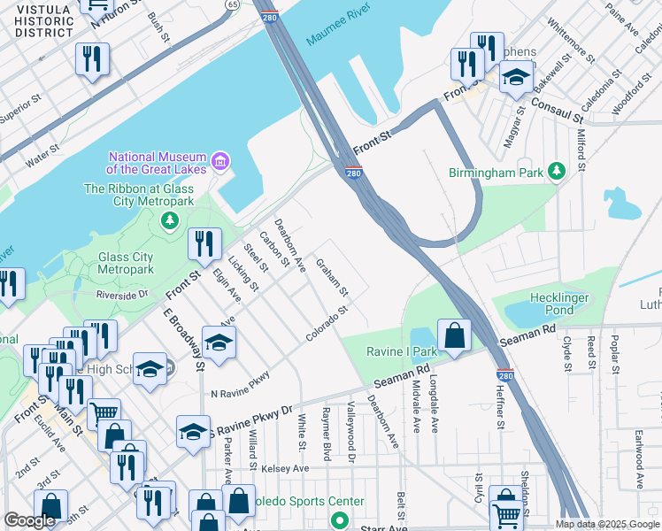 map of restaurants, bars, coffee shops, grocery stores, and more near 219 Graham Street in Toledo