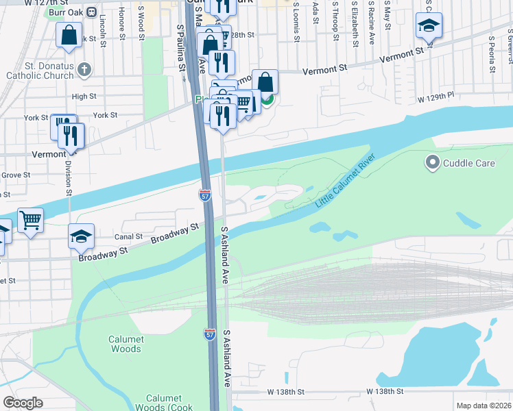 map of restaurants, bars, coffee shops, grocery stores, and more near 1516 Broadway Street in Blue Island
