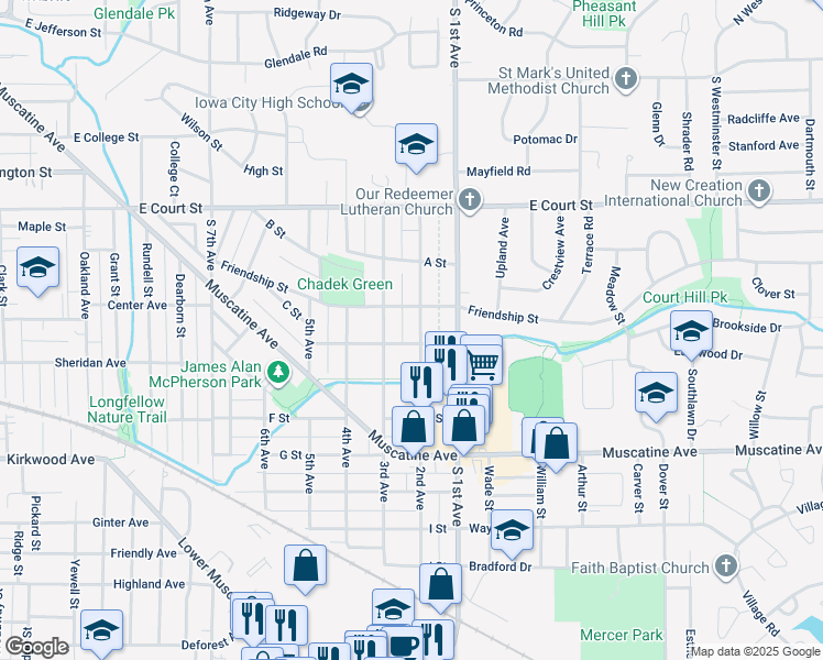 map of restaurants, bars, coffee shops, grocery stores, and more near 614 3rd Ave in Iowa City