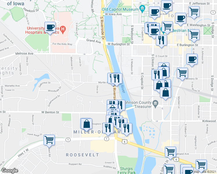 map of restaurants, bars, coffee shops, grocery stores, and more near 513 South Riverside Drive in Iowa City