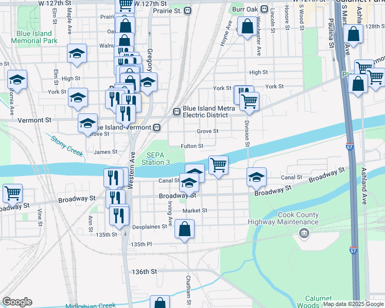 map of restaurants, bars, coffee shops, grocery stores, and more near 13200 Chicago Street in Blue Island