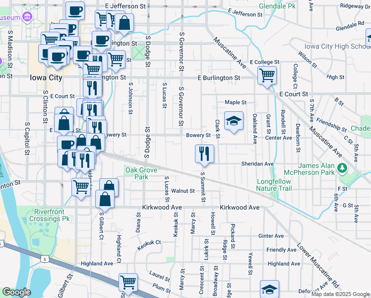 map of restaurants, bars, coffee shops, grocery stores, and more near 630 South Governor Street in Iowa City