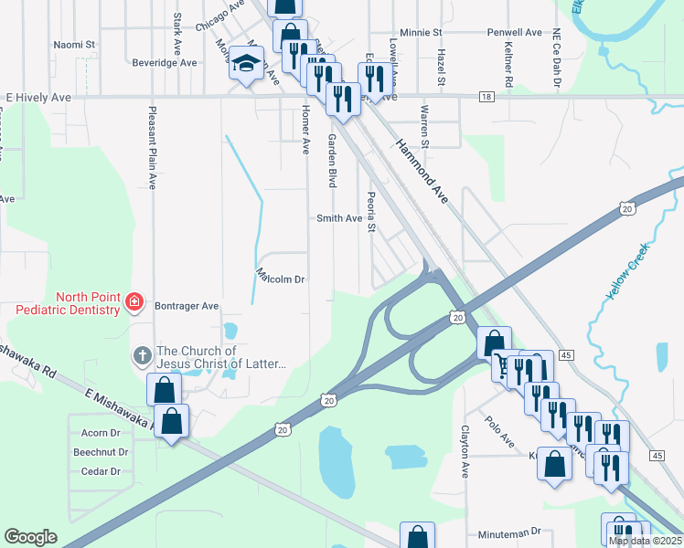map of restaurants, bars, coffee shops, grocery stores, and more near 3200 Garden Boulevard in Elkhart
