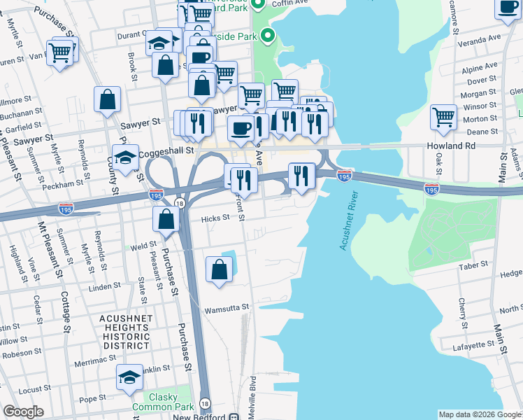 map of restaurants, bars, coffee shops, grocery stores, and more near 8 Washburn Street in New Bedford
