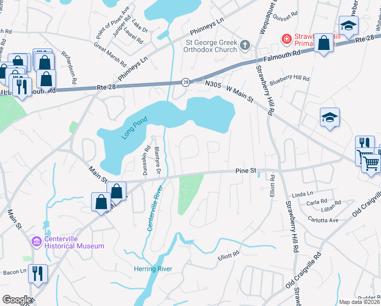 map of restaurants, bars, coffee shops, grocery stores, and more near 60 Pond View Drive in Barnstable