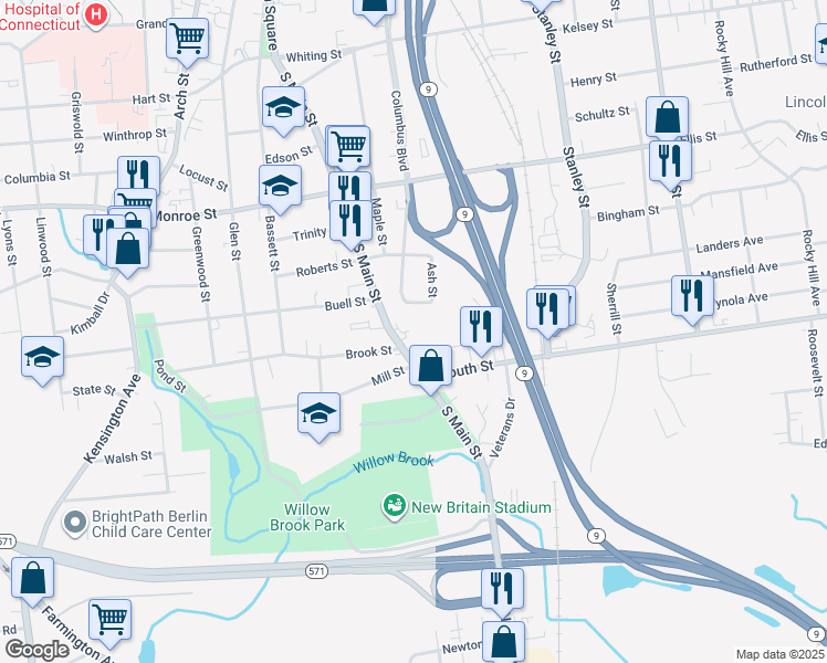 map of restaurants, bars, coffee shops, grocery stores, and more near 438 South Main Street in New Britain