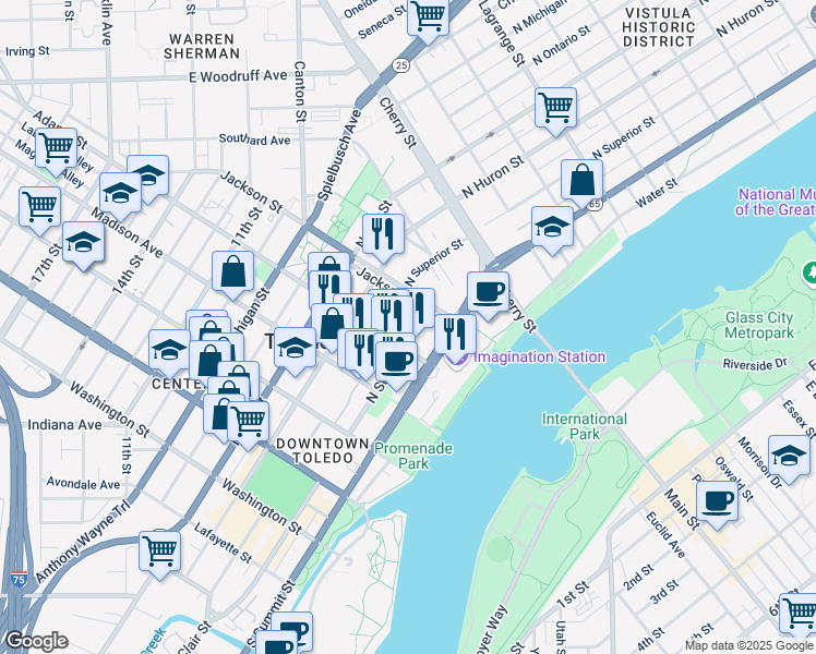 map of restaurants, bars, coffee shops, grocery stores, and more near 419 North Saint Clair Street in Toledo