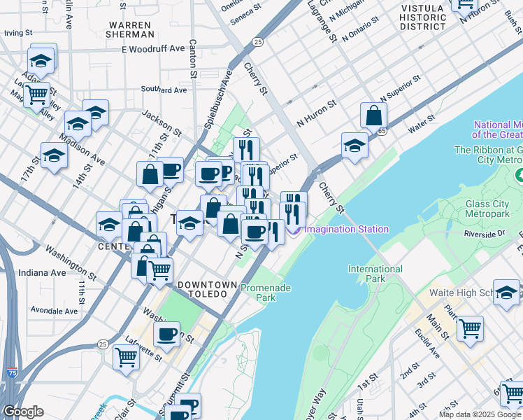 map of restaurants, bars, coffee shops, grocery stores, and more near 419 North Saint Clair Street in Toledo