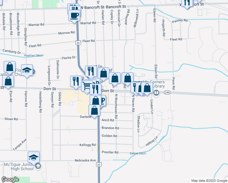 map of restaurants, bars, coffee shops, grocery stores, and more near 1600 Copley Drive in Toledo