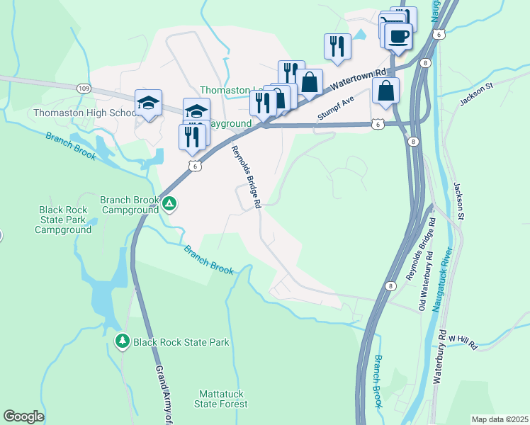 map of restaurants, bars, coffee shops, grocery stores, and more near 91 Reynolds Bridge Road in Thomaston